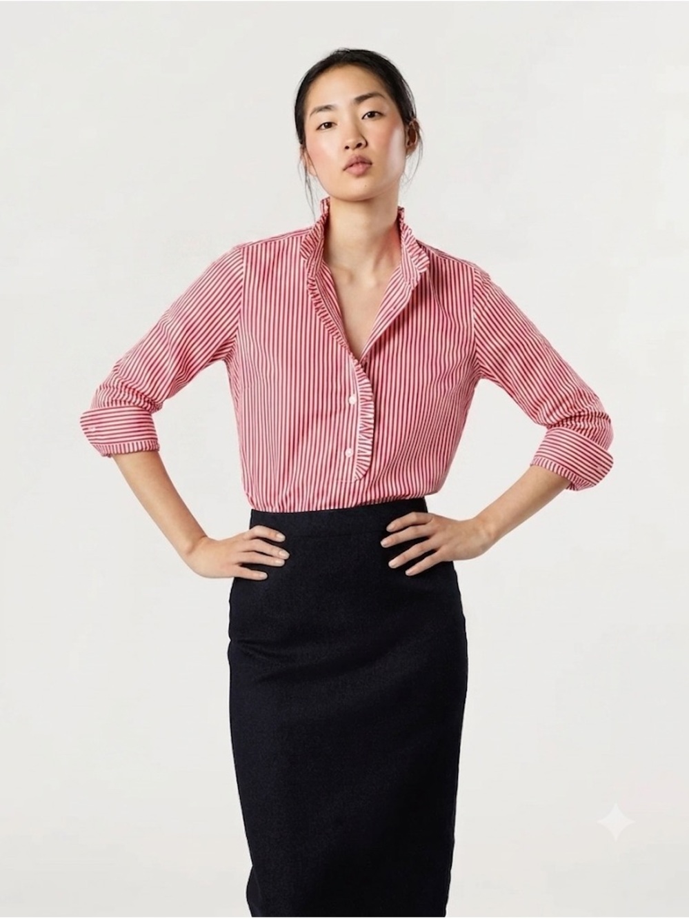 Ann Mashburn Red Frill Pencil Stripe Poplin Shirt - Size L